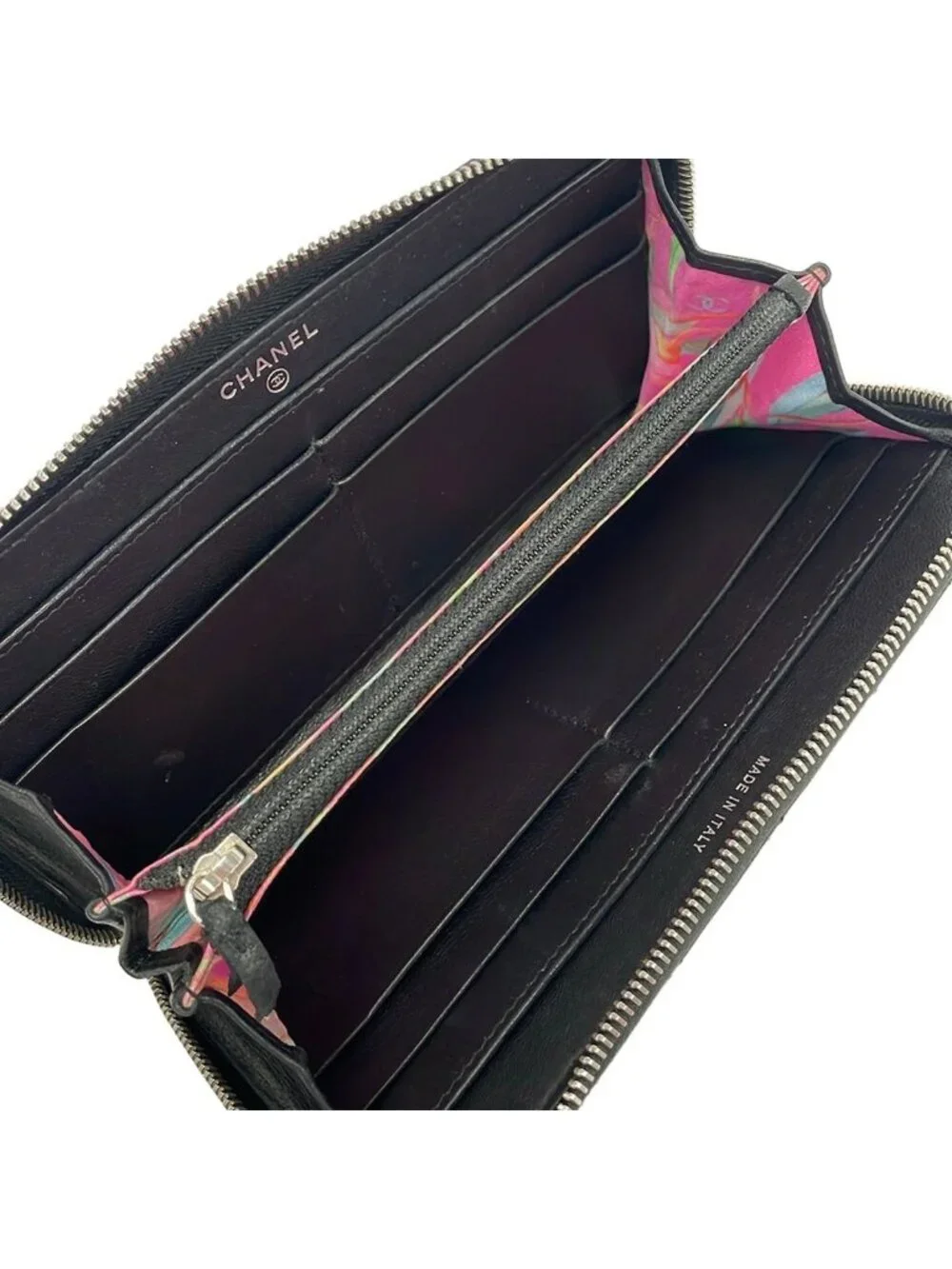 Chanel Wallet Wild Stitch Black Zip Around Silver Leather